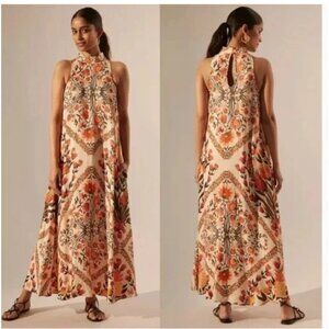 Farm Rio x Anthropologie Orange White Floral Halter Maxi Dress